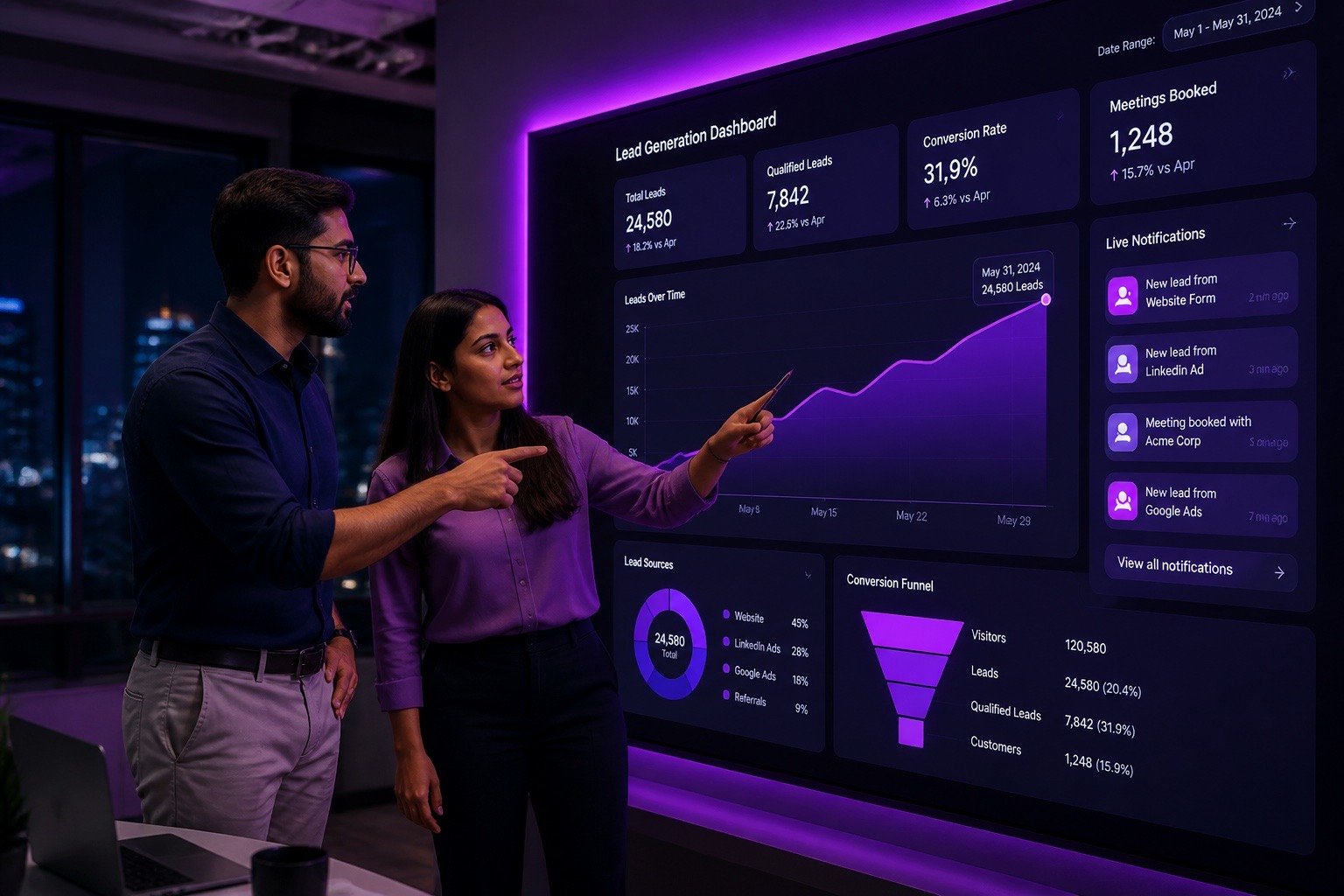 Marketing team reviewing lead generation dashboard results