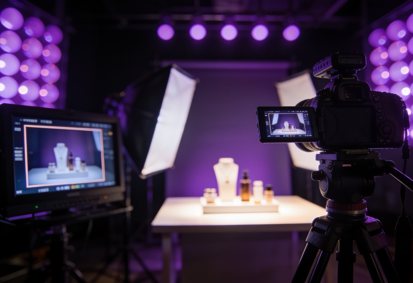 Professional video production set with purple studio lighting